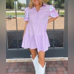 Purple Sequin Puff Sleeve Dress